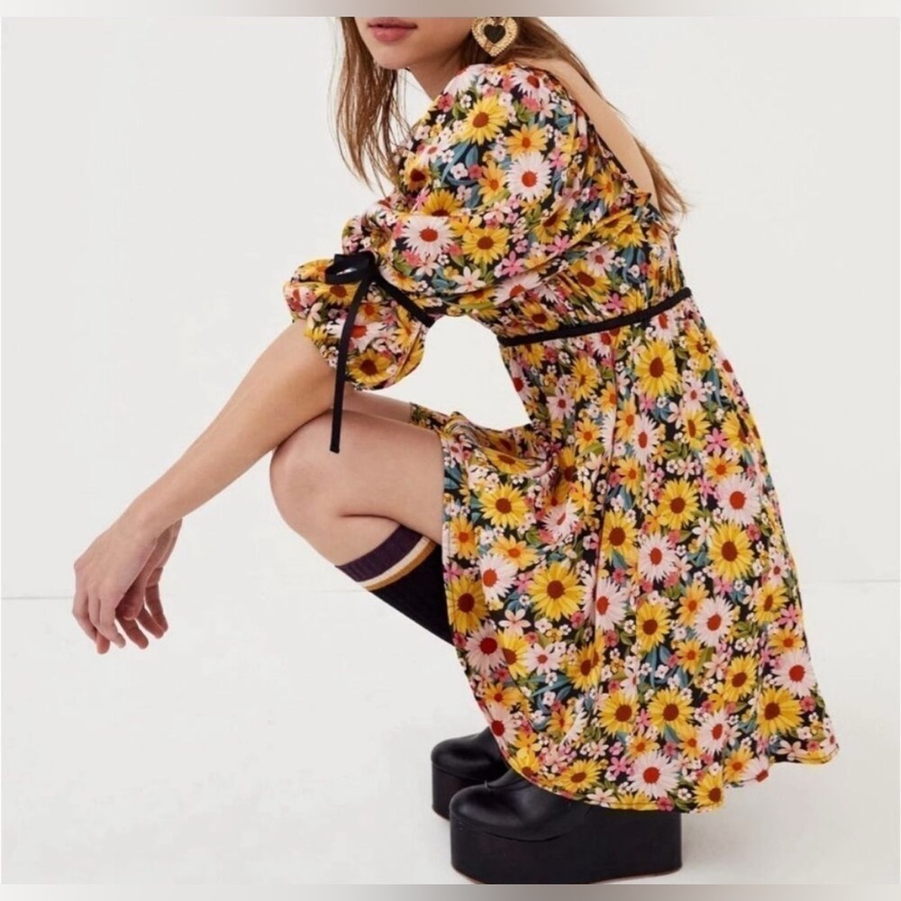 For Love & Lemons Sylvia Puff Sleeve Mini Dress Size S flower print multicolor
